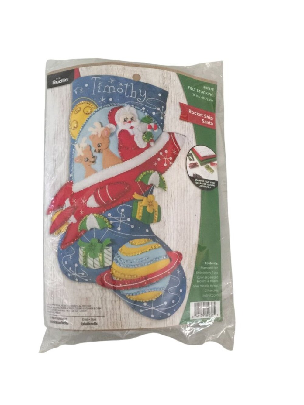 Bucilla Felt Stocking 89237E ROCKET SHIP SANTA 18" Stamped Felt Embroidery